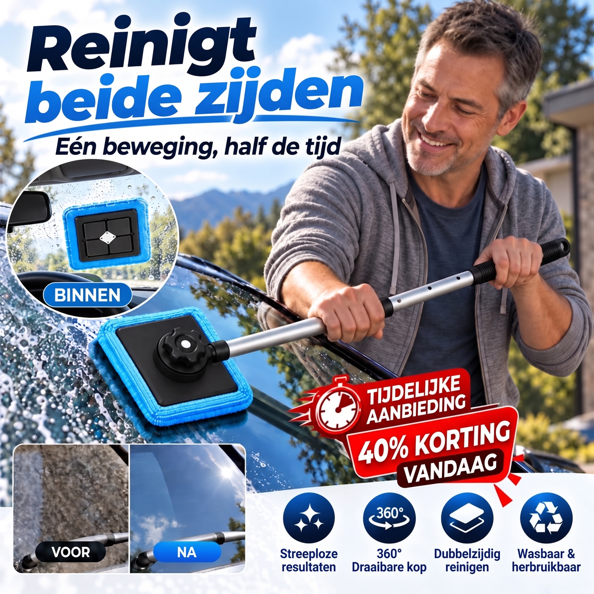 Alles-in-één magnetische glasreiniger — dubbelzijdige reiniging, wasbare pads en veelzijdig gebruik voor thuis en in de auto | Eén set. Helderder glas. Minder moeite. 💎