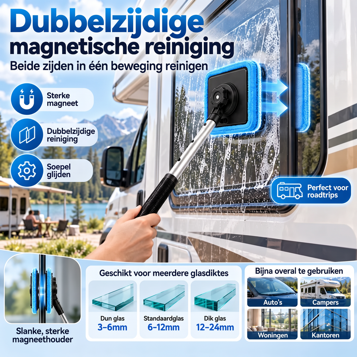 Alles-in-één magnetische glasreiniger — dubbelzijdige reiniging, wasbare pads en veelzijdig gebruik voor thuis en in de auto | Eén set. Helderder glas. Minder moeite. 💎