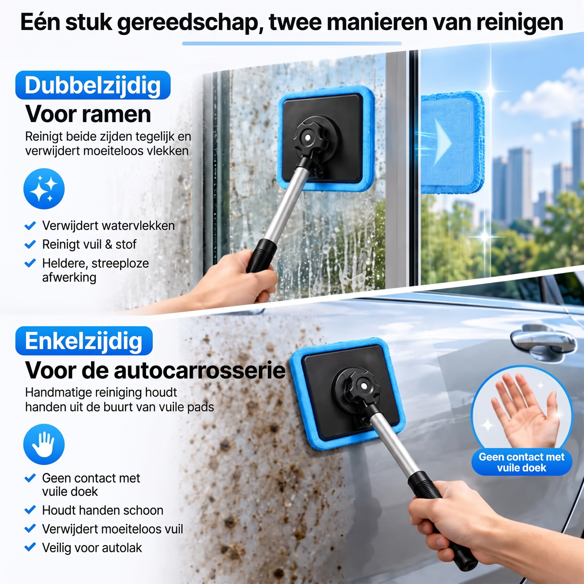 Alles-in-één magnetische glasreiniger — dubbelzijdige reiniging, wasbare pads en veelzijdig gebruik voor thuis en in de auto | Eén set. Helderder glas. Minder moeite. 💎
