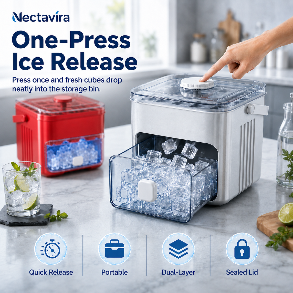 🧊 Nectavira® 2-in-1 ijsblokjesvorm met opbergbak