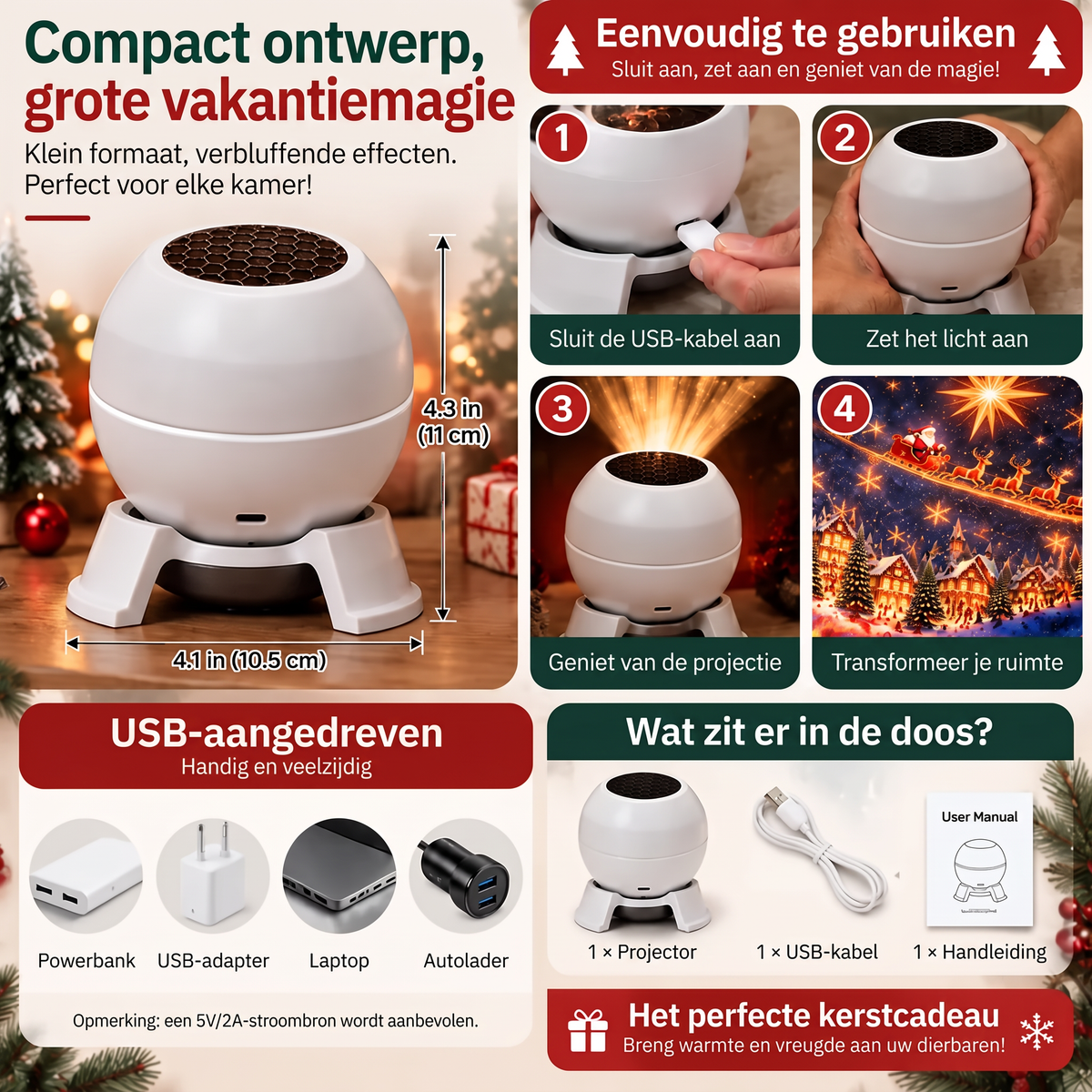 🍁🎄Draaibare kerstlichtprojector – 8 feestelijke motieven