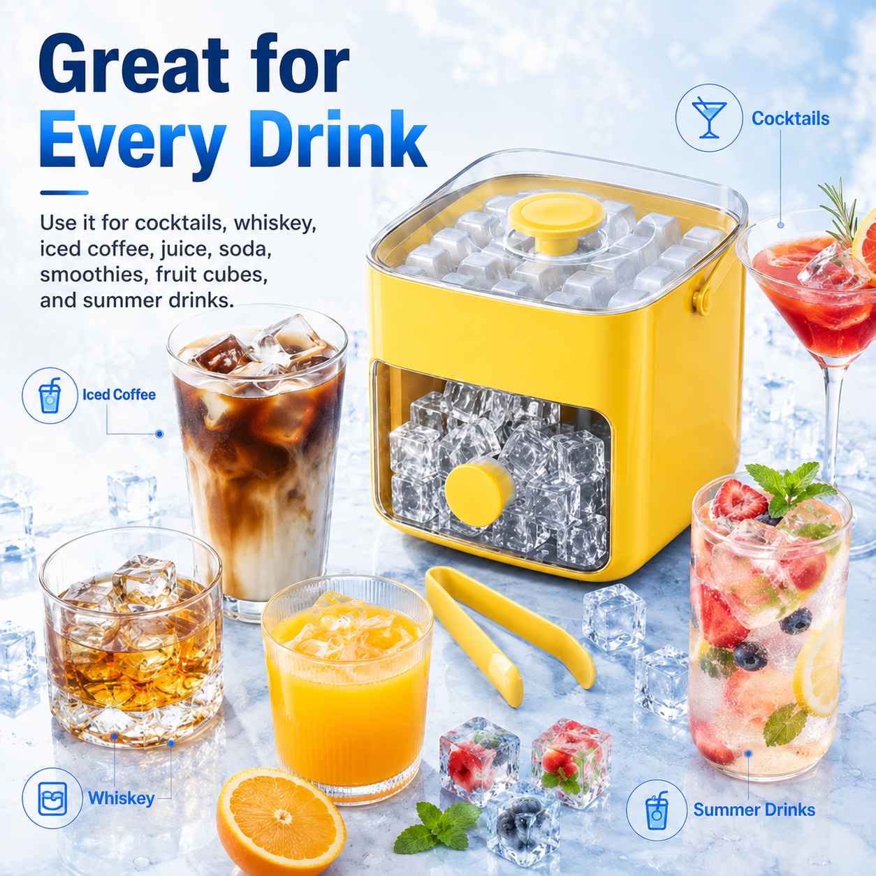 Nectavira ice maker for iced coffee, cocktails, juice, soda and summer drinks