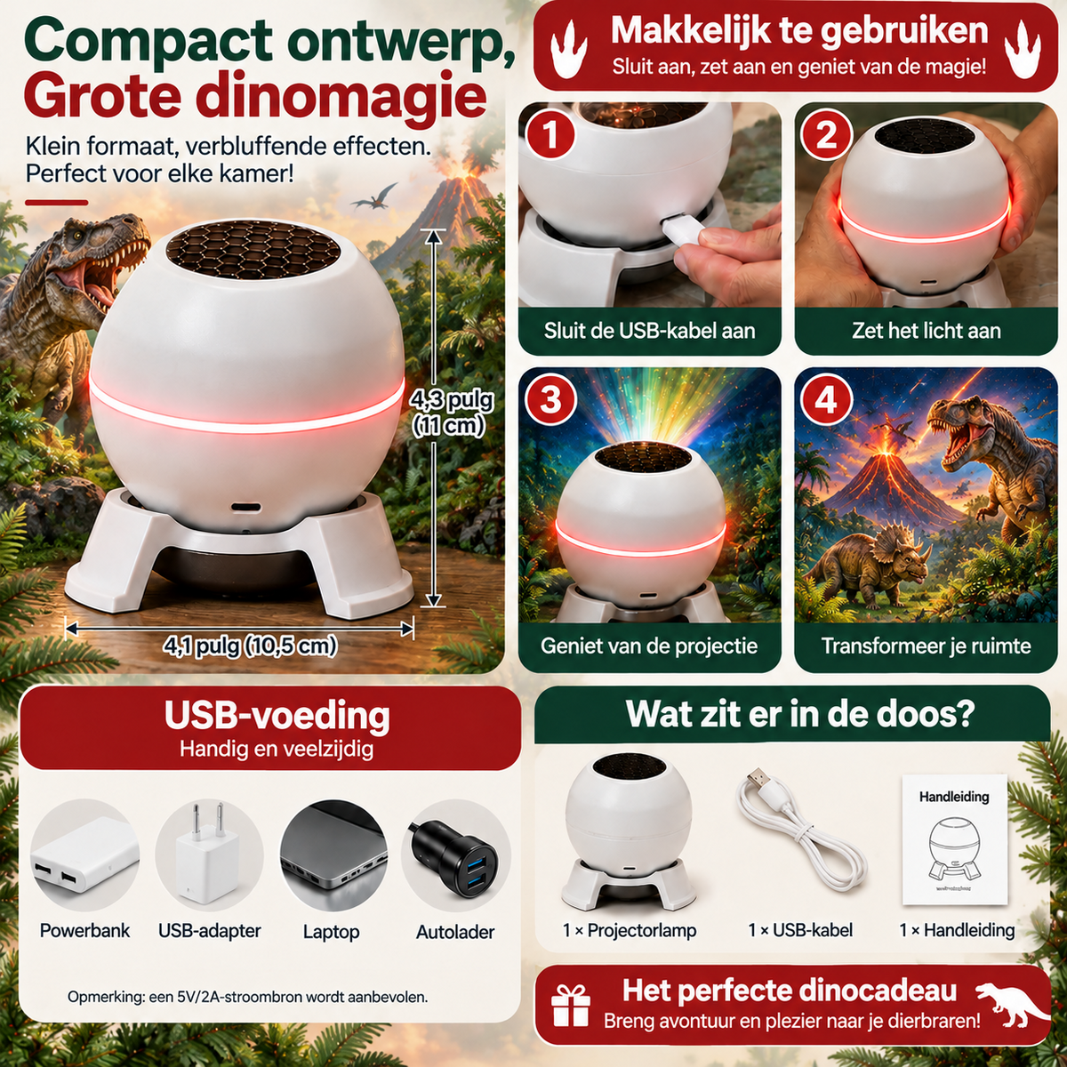 🦖🦕Draaibare kerstlichtprojector – 8 feestelijke motieven